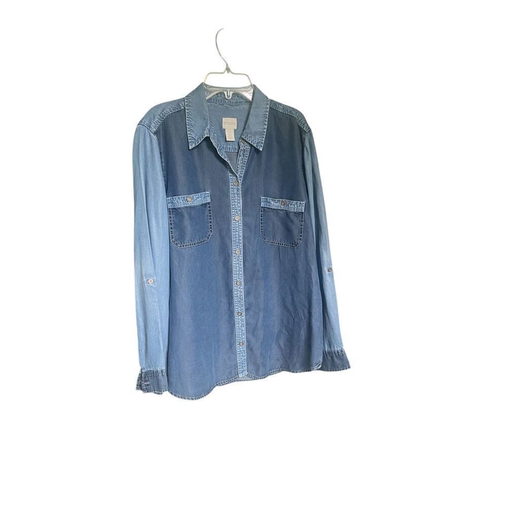 Chicos Women’s Button up long sleeve Denim Blouse Blue Chambray Size 2